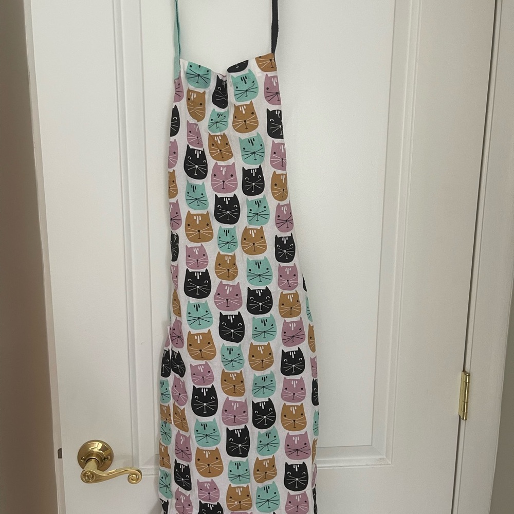 Cat Print Cotton Apron in Mint, Pink, Black, and Tan